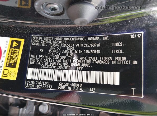 5TDJGRFH1JS037039 2018 TOYOTA HIGHLANDER HYBRID Черный Вид подкапотного пространства