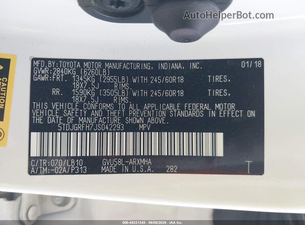 5TDJGRFH7JS042293 2018 TOYOTA HIGHLANDER HYBRID White Engine compartment view