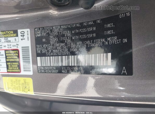 5TDJK3DC1GS129781 2016 TOYOTA SIENNA Серый 