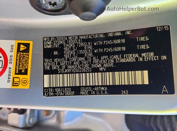 5TDJKRFH2GS236253 2016 TOYOTA HIGHLANDER Серебряный Панорамный вид салона 360°