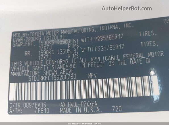 5TDJRKEC1SS280780 2025 TOYOTA SIENNA White Engine compartment view