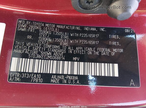 5TDJRKEC2MS068814 2021 TOYOTA SIENNA Red ძრავის განყოფილების ხედი