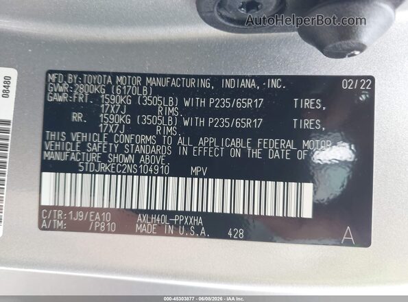5TDJRKEC2NS104910 2022 TOYOTA SIENNA Silver Widok komory silnika