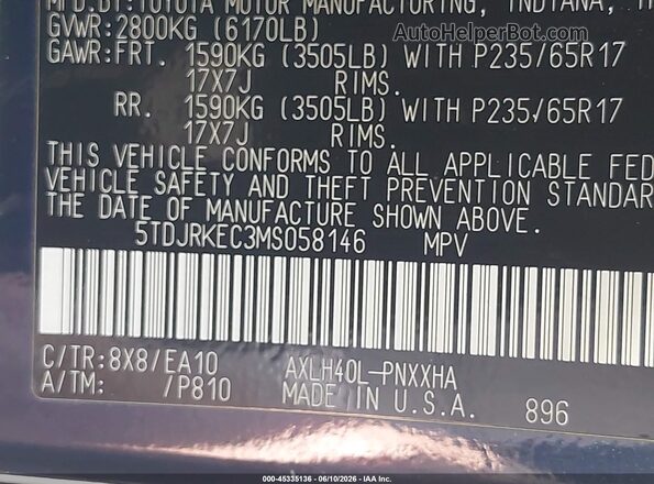5TDJRKEC3MS058146 2021 TOYOTA SIENNA Blue Շարժիչի բաժամունքի տեսք