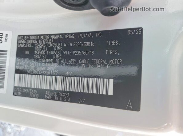 5TDJRKEC4SS261172 2025 TOYOTA SIENNA White Vista de la etiqueta del VIN