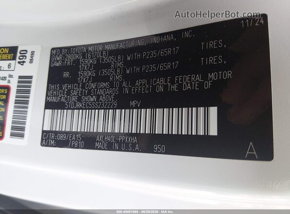 5TDJRKEC5SS232229 2025 TOYOTA SIENNA White Vista del compartimento del motor