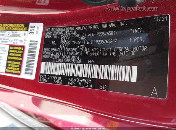 5TDJRKEC6NS090168 2022 TOYOTA SIENNA Red ძრავის განყოფილების ხედი