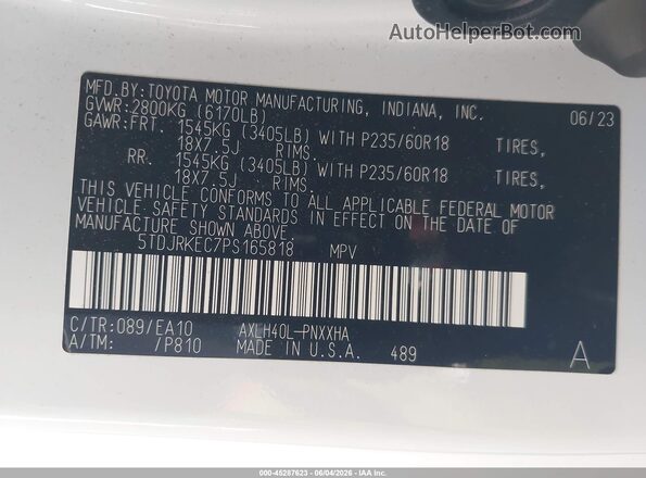 5TDJRKEC7PS165818 2023 TOYOTA SIENNA White Շարժիչի բաժամունքի տեսք