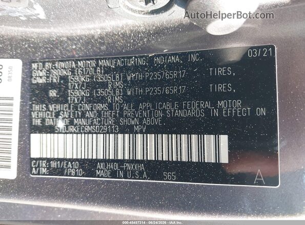5TDJRKEC8MS029113 2021 TOYOTA SIENNA Gray Շարժիչի բաժամունքի տեսք