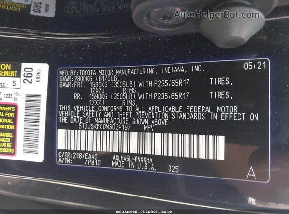 5TDJSKFC0MS024197 2021 TOYOTA SIENNA Black Vista del compartimento del motor
