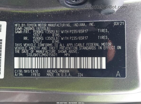 5TDJSKFC2MS015601 2021 TOYOTA SIENNA Gray Engine compartment view