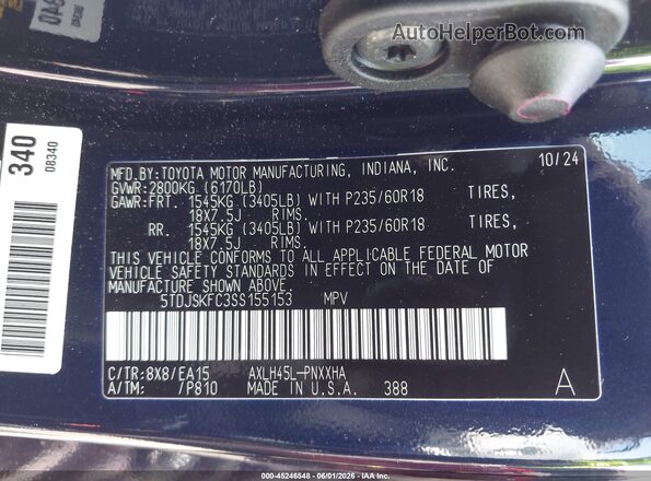 5TDJSKFC3SS155153 2025 TOYOTA SIENNA Синий Вид подкапотного пространства