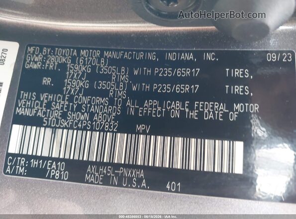 5TDJSKFC4PS107832 2023 TOYOTA SIENNA Gray Вид підкапотного простору