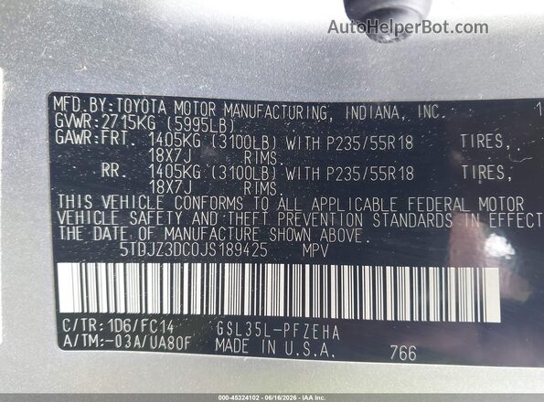 5TDJZ3DC0JS189425 2018 TOYOTA SIENNA Silver Engine compartment view