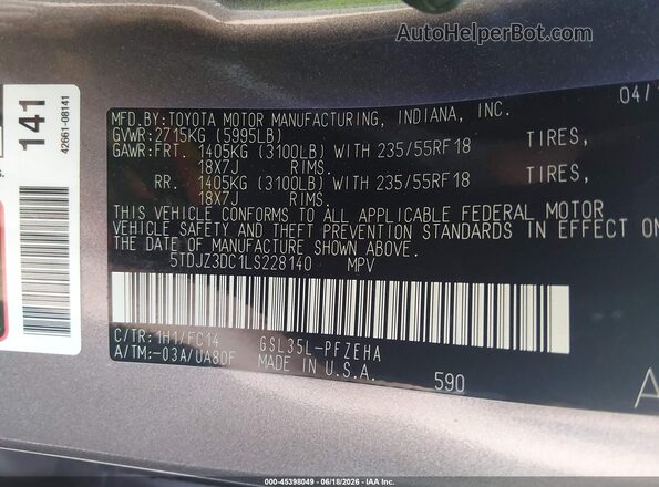 5TDJZ3DC1LS228140 2020 TOYOTA SIENNA Gray Widok komory silnika