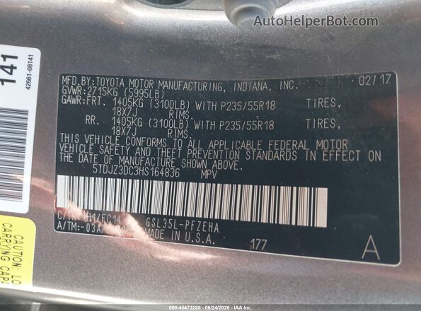 5TDJZ3DC3HS164836 2017 TOYOTA SIENNA Gray Շարժիչի բաժամունքի տեսք
