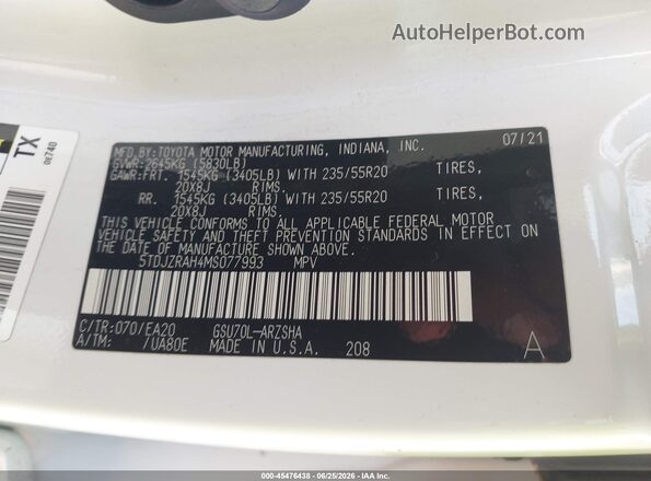 5TDJZRAH4MS077993 2021 TOYOTA HIGHLANDER White Widok komory silnika