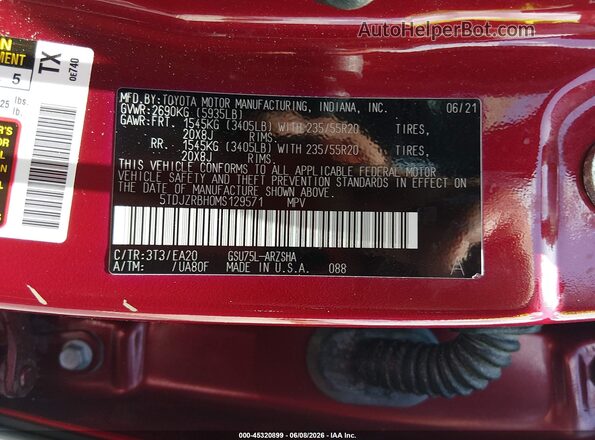 5TDJZRBH0MS129571 2021 TOYOTA HIGHLANDER Red 
