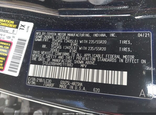 5TDJZRBH4MS111882 2021 TOYOTA HIGHLANDER Черный Вид подкапотного пространства