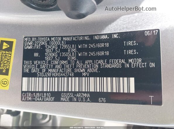 5TDJZRFH0HS442748 2017 TOYOTA HIGHLANDER Silver Engine compartment view