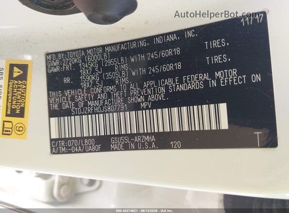 5TDJZRFH0JS807791 2018 TOYOTA HIGHLANDER White Շարժիչի բաժամունքի տեսք