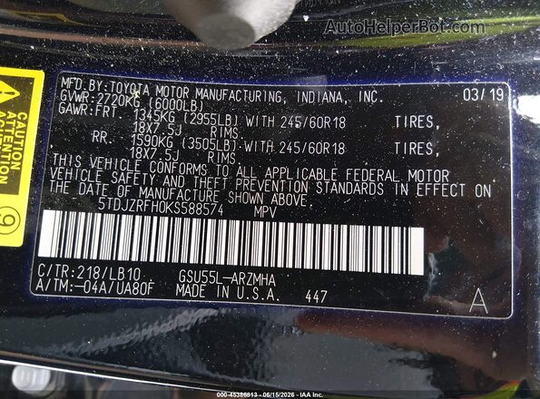 5TDJZRFH0KS588574 2019 TOYOTA HIGHLANDER Черный Вид подкапотного пространства