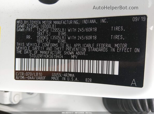 5TDJZRFH0KS619404 2019 TOYOTA HIGHLANDER White Widok komory silnika