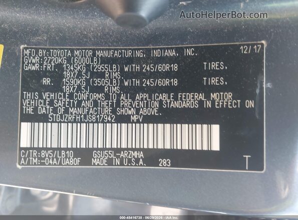 5TDJZRFH1JS817942 2018 TOYOTA HIGHLANDER Gray Вид підкапотного простору