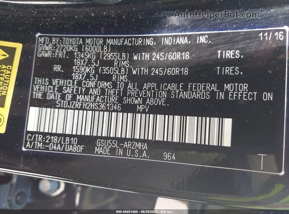 5TDJZRFH2HS361346 2017 TOYOTA HIGHLANDER Black Vista del compartimento del motor