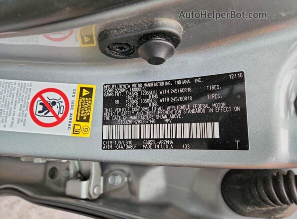 5TDJZRFH2HS367146 2017 TOYOTA HIGHLANDER Silver Vista de la etiqueta del VIN