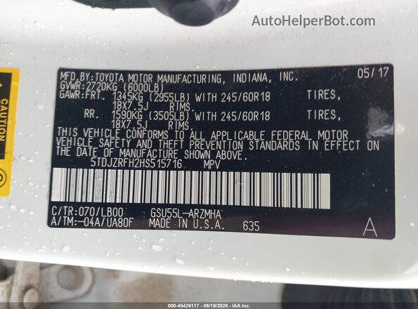 5TDJZRFH2HS515716 2017 TOYOTA HIGHLANDER Белый Вид подкапотного пространства