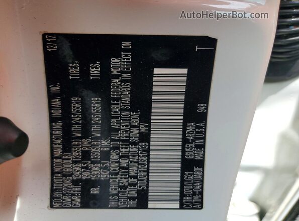 5TDJZRFH2JS817139 2018 TOYOTA HIGHLANDER White VIN sticker view