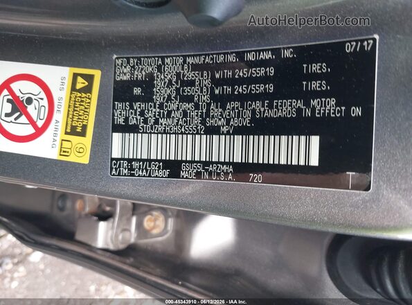 5TDJZRFH3HS455512 2017 TOYOTA HIGHLANDER Серый Вид подкапотного пространства