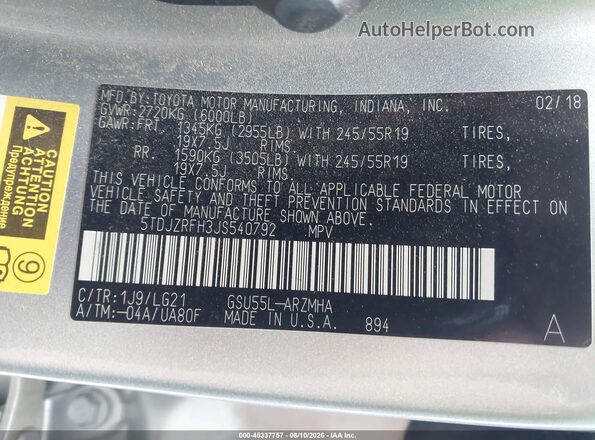 5TDJZRFH3JS540792 2018 TOYOTA HIGHLANDER Серебряный Вид подкапотного пространства