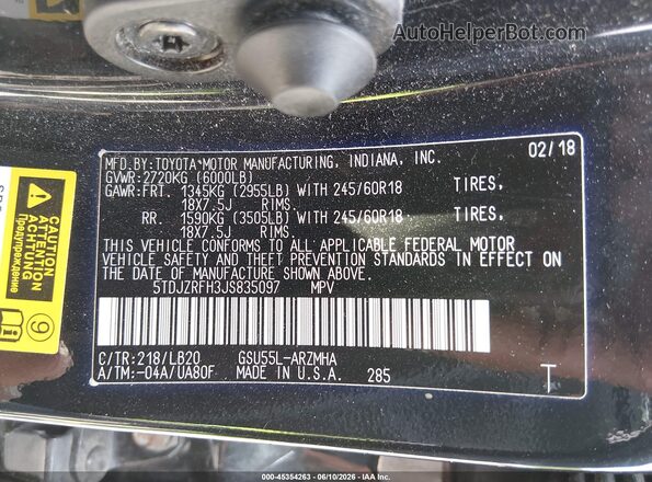 5TDJZRFH3JS835097 2018 TOYOTA HIGHLANDER Black Вид підкапотного простору