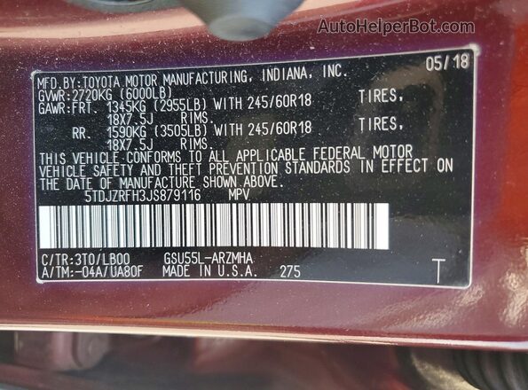 5TDJZRFH3JS879116 2018 TOYOTA HIGHLANDER Burgundy 360 interior view