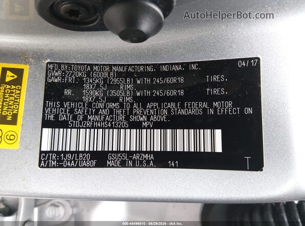 5TDJZRFH4HS413205 2017 TOYOTA HIGHLANDER Silver Շարժիչի բաժամունքի տեսք