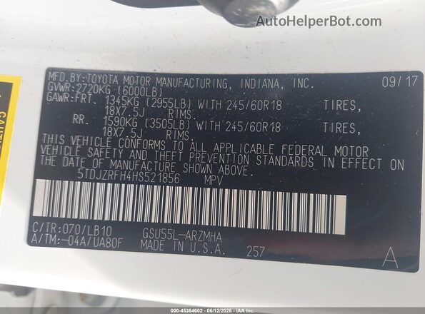 5TDJZRFH4HS521856 2017 TOYOTA HIGHLANDER White Vista del compartimento del motor
