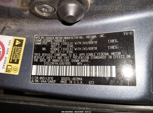 5TDJZRFH4JS801895 2018 TOYOTA HIGHLANDER Blue Vista del compartimento del motor