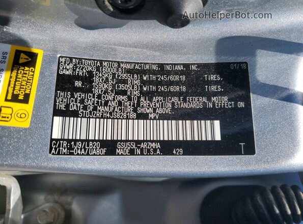5TDJZRFH4JS828188 2018 TOYOTA HIGHLANDER Серебряный Вид наклейки с VIN-кодом