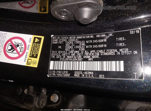 5TDJZRFH4JS843967 2018 TOYOTA HIGHLANDER Black Вид підкапотного простору