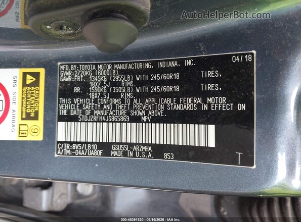 5TDJZRFH4JS865869 2018 TOYOTA HIGHLANDER Blue Vista del compartimento del motor