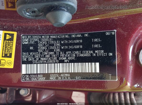 5TDJZRFH4JS882610 2018 TOYOTA HIGHLANDER Красный Вид подкапотного пространства