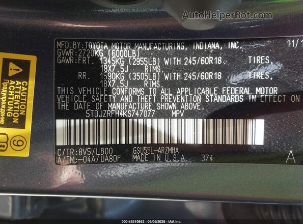 5TDJZRFH4KS747077 2019 TOYOTA HIGHLANDER Gray Вид підкапотного простору