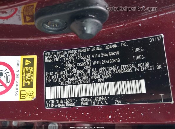5TDJZRFH5HS375581 2017 TOYOTA HIGHLANDER Бордовый Вид подкапотного пространства