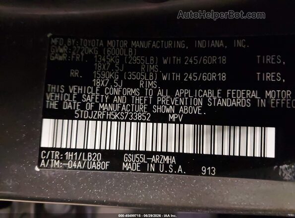 5TDJZRFH5KS733852 2019 TOYOTA HIGHLANDER Gray Vista del compartimento del motor