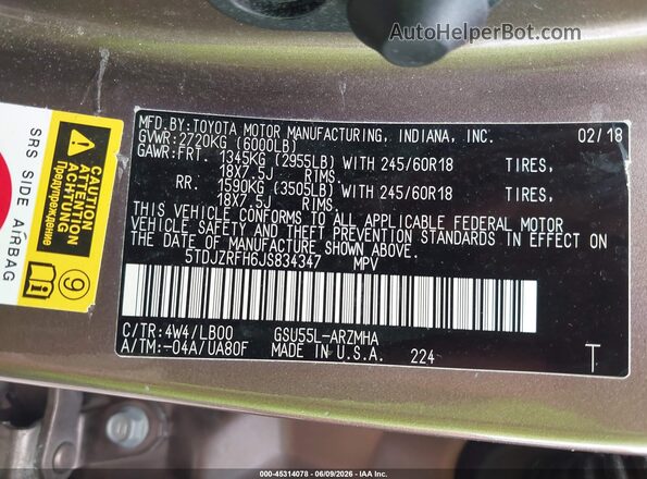 5TDJZRFH6JS834347 2018 TOYOTA HIGHLANDER Коричневый Вид подкапотного пространства
