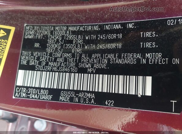 5TDJZRFH6JS846160 2018 TOYOTA HIGHLANDER Burgundy Շարժիչի բաժամունքի տեսք