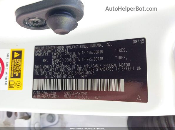 5TDJZRFH6KS615258 2019 TOYOTA HIGHLANDER White Вид підкапотного простору