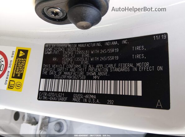 5TDJZRFH6KS627569 2019 TOYOTA HIGHLANDER Белый Вид подкапотного пространства